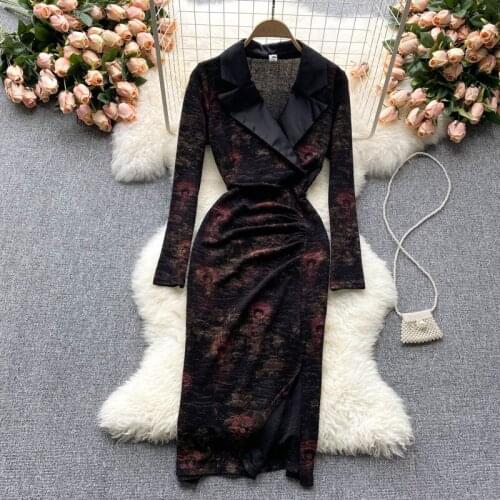Elegant Women Autumn Long Sleeve Dress Vintage Floral Print Midi Party Dress Notched Collar High Waist Folds Split Female Dress