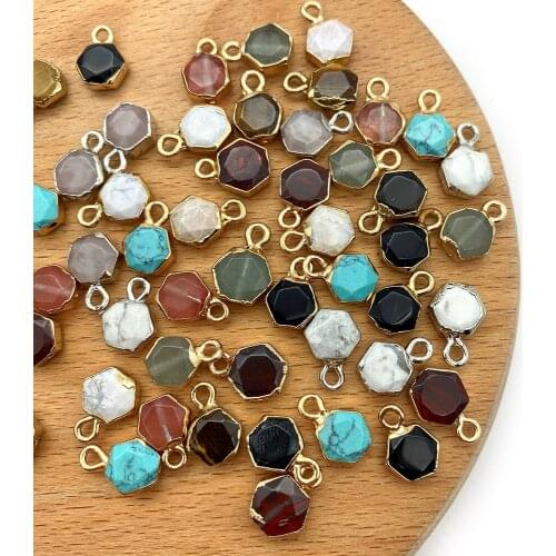 5pcs/pack Flat Hexagon Stone Charms Natural Semi-precious Stone Agate Rose Quartz DIY for Making Necklace Earrings 8x12mm Size