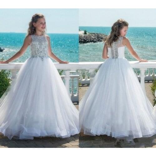 Pageant Kids Gown Sheer Crystal Rhinestone Princess Flower Girl Dresses For Wedding Girls Floor Length 2021 Party Birthday