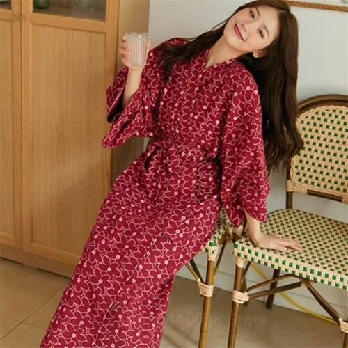 Solid Color House Robe Pajamas for Women Japanese Kimono Robe Long Sleeve Floral Print Loose Comfort Homewear Autumn Loungewear
