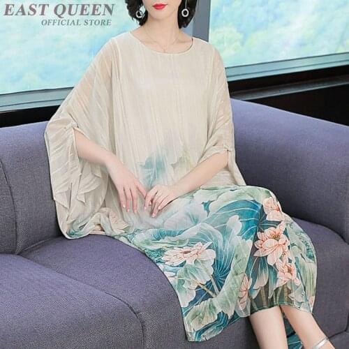 Vintage Dress Midi Elegant Ladies Dresses floral print batwing Sleeve Plus Size Chiffon A Line Loose Dresses Summer 2019 AA4817