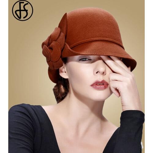 FS Wide Brim Wool Fedora Hats Women Black Flower Bowler Hat For Winter Cloche Hats Ladies Church Felt Fedoras Caps Chapeau Femme