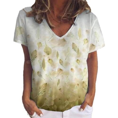 Women T-shirt Leaf Flower Print Short Sleeve V-Neck Thin Loose Pullover T-shirt Tee Top for Summer