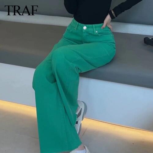 TRAF Womens Pants Za Fashion Jeans Pockets Solid Color Wide Leg Jeans Retro Commuter High Waist Zipper Flanging Cowgirl Pants
