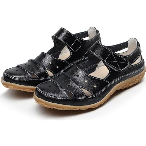2021 Summer Women Flat Leather Sandals Trekking Outdoor Casual Shoes Black Breathable Beach Chinese Size 34~42 Dropshipping