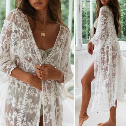 Womens Sexy Solid Color Floral Lace Embroidery Long Sleeve Cardigan Bikini Cover Up Summer Holiday Beachwear Long Cover-Ups