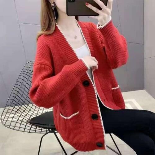 Womens Cardigan Knitted 2021 Fashion Solid Color Sweater Autumn Winter Long Sleeve V-neck Loose Casual Knitwear Coats Cardigans