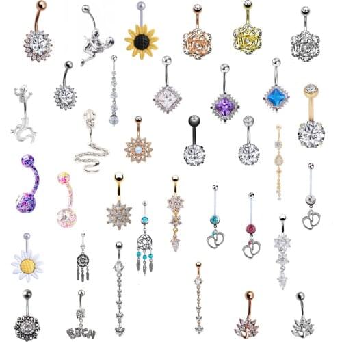 1pc Sexy Dangle Belly Bars Belly Button Rings Belly Piercing CZ Crystal Flower Body Jewelry Navel Piercing Rings