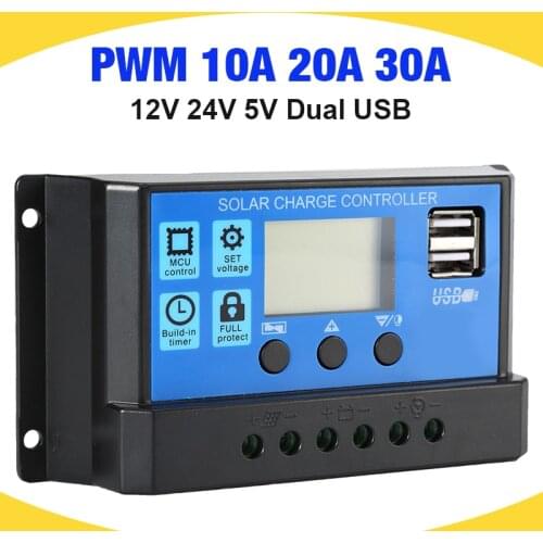 30A/20A/10A 12V 24V Auto Solar Charger Controller PWM Controllers LCD Display 5V Dual USB Output Solar Regulator Controller