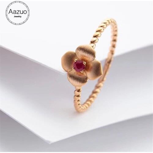 Aazuo 100% 18K Rose Gold Natrual Ruby Vintage Flower Ring for Woman Charm Jewelry Fashion Love Gift tiny thin Au750