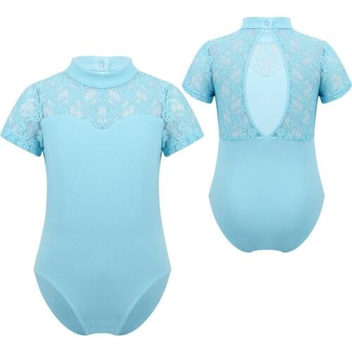 Kids Floral Lace Splice Short Sleeve Gymnastics Leotard Workout Bodysuit Girls Ballet Dance Wear Child Stage Performance Costume
