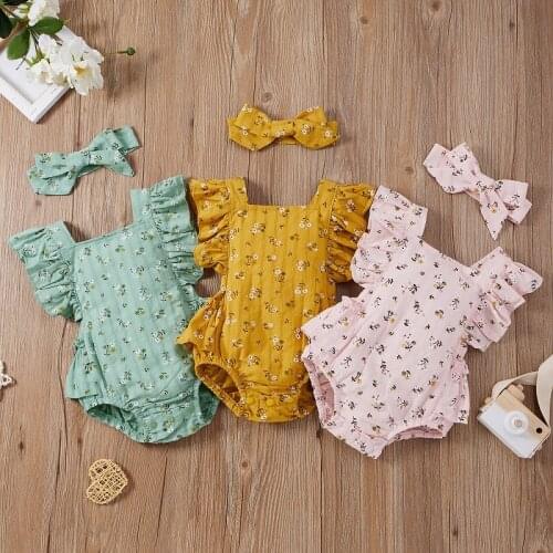 3 Colors Summer Cute Baby Girls Bodysuits Flowers Printed Ruffles Short Sleeve Backless Jumpsuits Headband