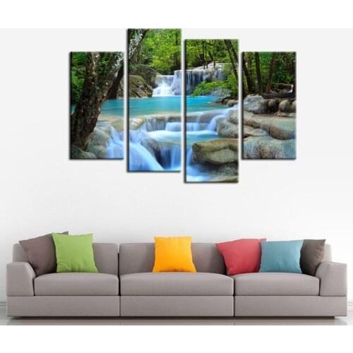 Nature Landscape Canvas Painting Blue Waterfall in Forest Art Prints Large Modern Artwork Picture for Home Decoration 4 Pieces
