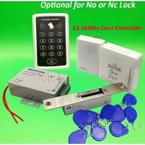 DIY 13.56mhz IC M1 Card Door Access Control kit Full Door Access Kit Yli YS13q Narrow No Nc electric strike lock +Power Supply
