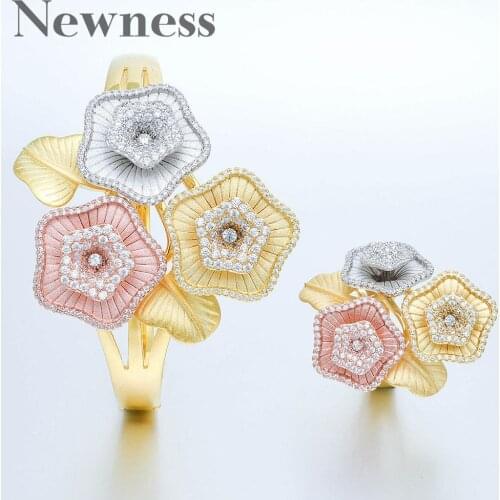 Newness Luxury 3Tone Flower Nigeria Bangle Ring Set Jewelry Set For Women Wedding Cubic Zircon Crystal CZ Dubai Bridal Jewelry