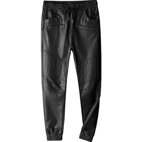 Top Quality New France Style Mens Ripped Moto Pants Ribbed Skinny Black PU Leather Biker Slim Trousers Pencil Pants Size S-5XL