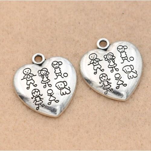 KJjewel Antique Silver Plated Family Heart Charms Pendant Bracelets Necklace Jewelry Making Accessories DIY 22mm