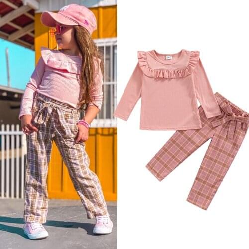 FOCUSNORM 2pcs Lovely Toddler Girls Clothes Sets 1-6Y Ruffles Long Sleeve Solid Pullover Tops Plaid Printing Bowknot Pants