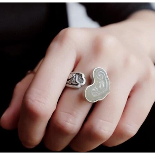Ruyi Yulian S925 Silver Accessories Handmade Exaggerated Index Finger Jade Sansheng III Ethnic Style Womens Open Ring