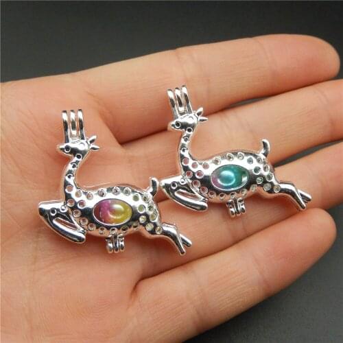 10pcs silver Christmas deer pearl cage necklace pendant, aromaing oil diffuser adds your own pearl, stone makes it more attracti