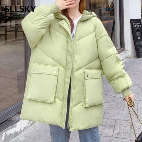 Sllsky New Winter Down Cotton Jacket Warm Casual Korean style Loose Basic Women Hooded Parka 2020 Fashion Oversize Coat