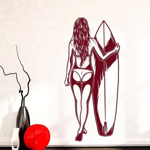 Surfer Wall Decal Sexy Naked Girl In Swimsuit Surfboard Water Sports Hobbies Surfing Vinyl Wall Stickers Living Room Decor Z555