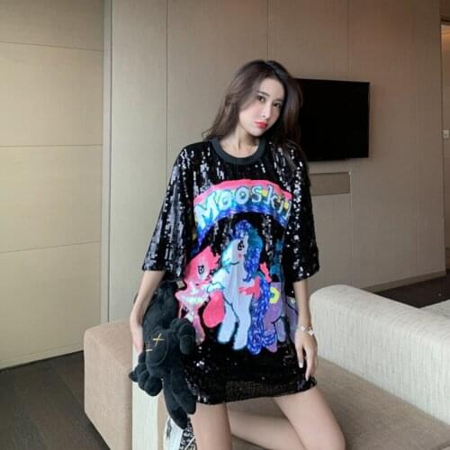 Sequins Cartoon Print Women' T-Shirt 2021 Summer Streetwear Hip Hop Top Female Loose Short Dress Round Neck Fashion Clothes