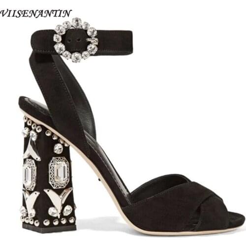 Rhinestone thick heel high heel shoes summer new round gemstone buckle strap open toe black sexy high heel sandals for women