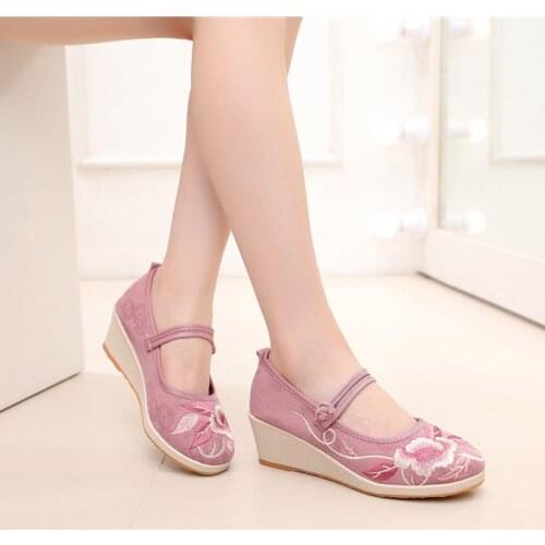 Embroidered shoes womens shoes cotton hemp elegant retro womens style slope heel peony embroidery single shoes woman