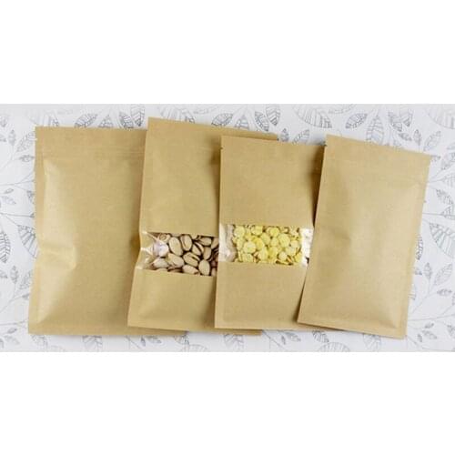 100pcs Flat Brown Gift Bag Paper Kraft Bag With Window For Wedding/Candy/Tea Kraft Bags Craft No Stand Up Ziplock Packing Bags