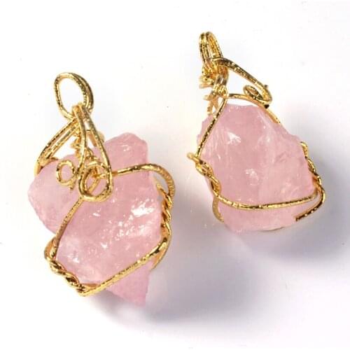 100-Unique 1 Pcs Rose Gold Color Irregular Shape Natural Rose Pink Quartz Pendant Elegant Women Jewelry