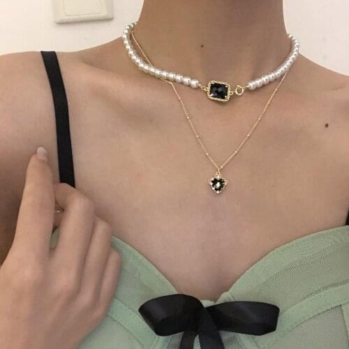 Retro Black Gemstone Pearl Necklace Female Summer Light Luxury Niche Double-layer Necklace Temperament for Women
