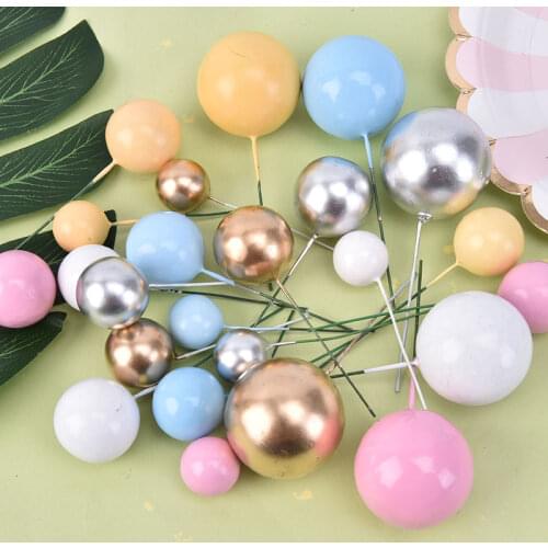 20pcs Golden Ball Cake Topper Happy Birthday Party Baby Shower Cake Decor DIY Cupcake Flag Wedding Christmas Ball Decor Supplies
