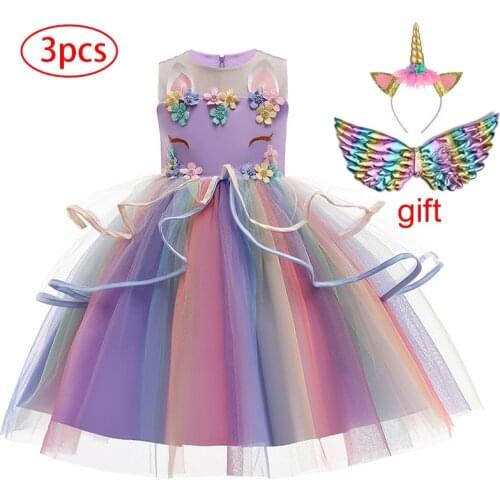 3pcs Unicorn Rainbow Girl Dress 2021 Flower Girls Wedding Party Dress Children Birthday Evening Performance Dresses Vestido3-10Y