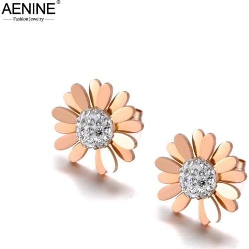 AENINE Stainless Steel Rhinestone Small Daisy Sun Flower Stud Earrings Trendy Plant Earrings Jewelry For Women Girls AE20097