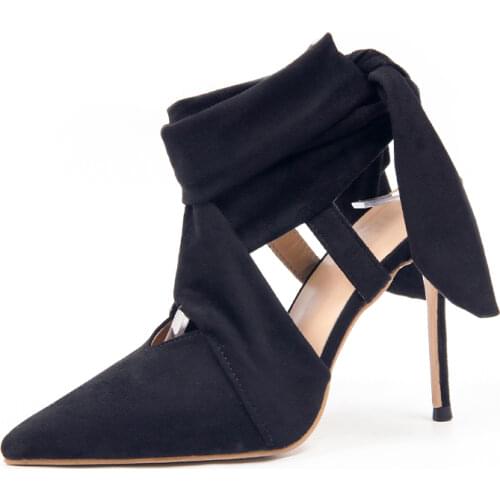 Womens Sexy High Heel Sandals Female Fashion Heels Black Suede Lace-Up Pointed Toe Party Shoes Ladies Footwear Plus Size