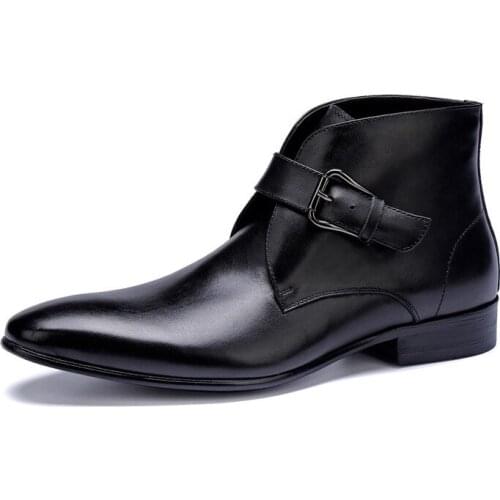 Italian Designer Genuine Leather Men Ankle Boots Fashion Pointed Toe Buckle Strap Handmade Man Cowboy Formal Dress Boots 38-44