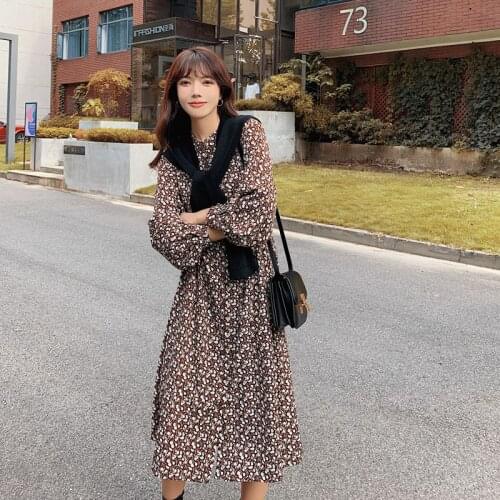 COIGARSAM Full Sleeve Women dress New Chiffon Floral Print Dresses White Black Shawl Cape Apricot Ga Color 2288