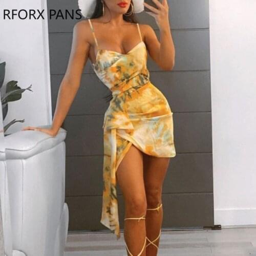Women Spaghetti Strap Tie Dye Print Asymmetrical Party Dress Bodycon Dress for Women Dress 2021