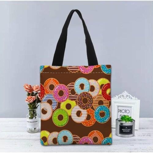 Custom Logo Donuts Pattern Printed Handbag Canvas Tote Bags Shopping Travel Casual Useful Shoulder Bag Women Bag 1208