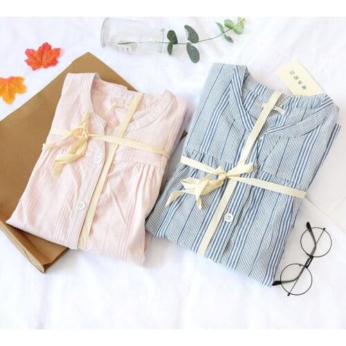 Pajamas Set Suit Women Autumn New Cotton Pink/Blue Striped Pyjamas 2Piece/Set Long Pants Long Shirt Home Clothes Sleepwear