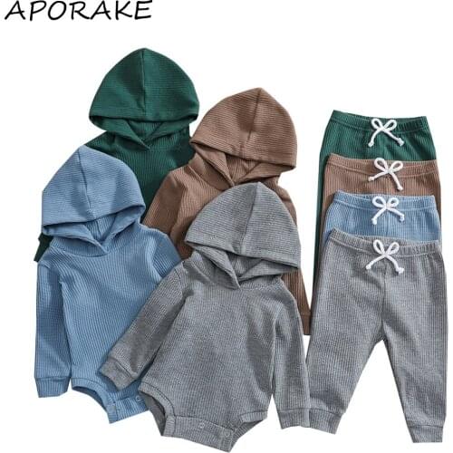 2021 0-24M Infant Baby Girl Boy Clothes Knitted 2pcs Solid Color Long Sleeve Hooded Romper+Harem Pants Spring Fall Casual 2pcs