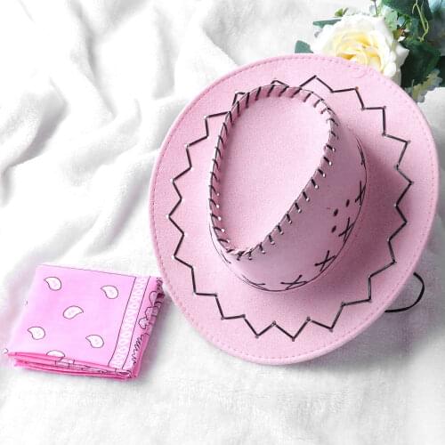 Western Cowboy Hat With Bandanna Head Scarf Set Boys Girls Halloween Cosplay Party Costume Accessories Jazz Cowgirl Felt Cap