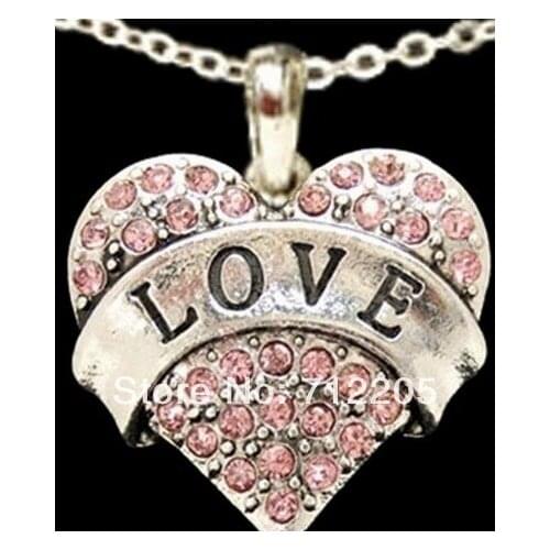 Fashion rhodium plated LOVE pink crystal heart pendant necklace(A100049)