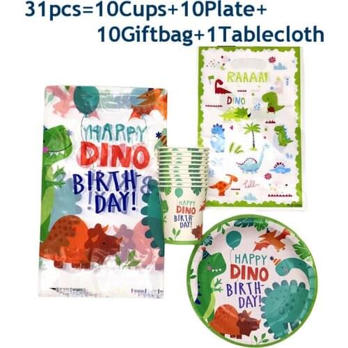 31-61pcs Dinosaur Party Theme Disposable Set Table Decoration Paper Cups Plates Tablecloth Children Birthday Party Supplies