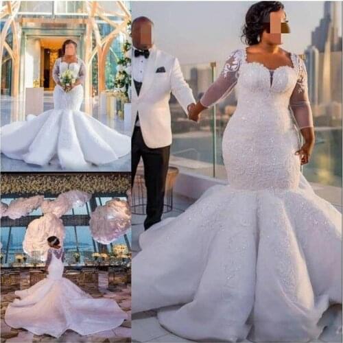 South African Mermaid Wedding Dress Lace Appliques Plus Size Sheer Long Sleeves Bridal Gowns Satin Sweep Train vestidos