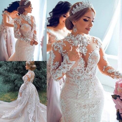 Luxurious 2021 African Mermaid Wedding Dresses With Detachable Train High Neck Lace Bridal Dress Long Sleeves Plus Size