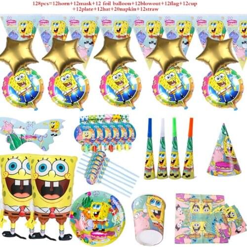 Sponge-Bob Celebration Kids Faovr Birthday Party Supplies Mask Blowout Foil Balloons Cartoon Disposable Tableware Party Decor