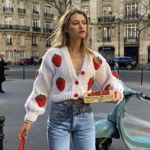 Foridol Vintage Thick Autumn Winter Short Cardigan Women Strawberry Knitted Sweater Oversized Sweater Hand Made Sweater Tops