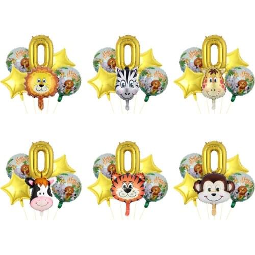 6pcs Happy Birthday Balloons Animal Head Balloons Helium Globos for Kids Summer Safari Jungle Party Supplies Adult Celebration